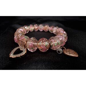 Betsey Johnson Pink Floral Beaded Stretch Bracelet With Gold Heart Charm